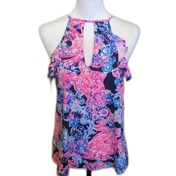 Lilly Pulitzer Billie top pink, navy, blue tank top, keyhole back, stretch S - Picture 3 of 7